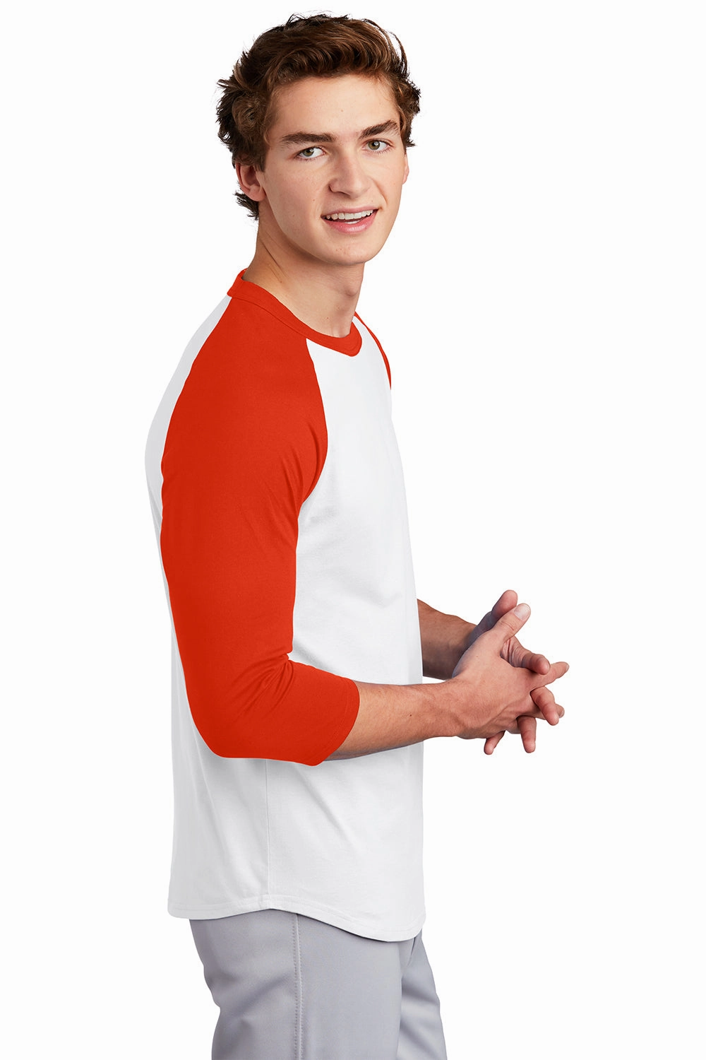 Sport-Tek Mens 3/4 Sleeve Crewneck T-Shirt - White/Deep Orange