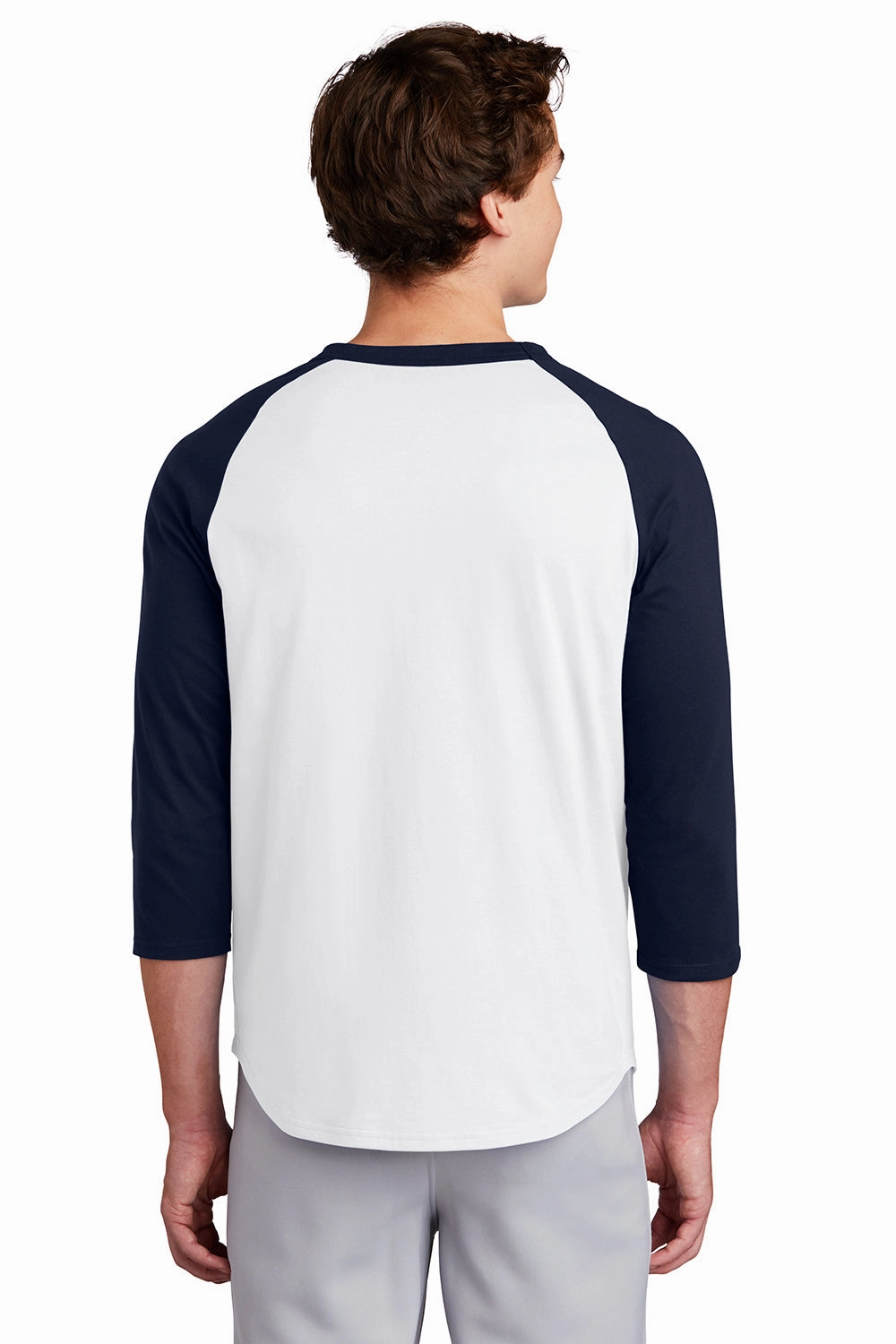 Sport-Tek Mens 3/4 Sleeve Crewneck T-Shirt - White/Navy Blue