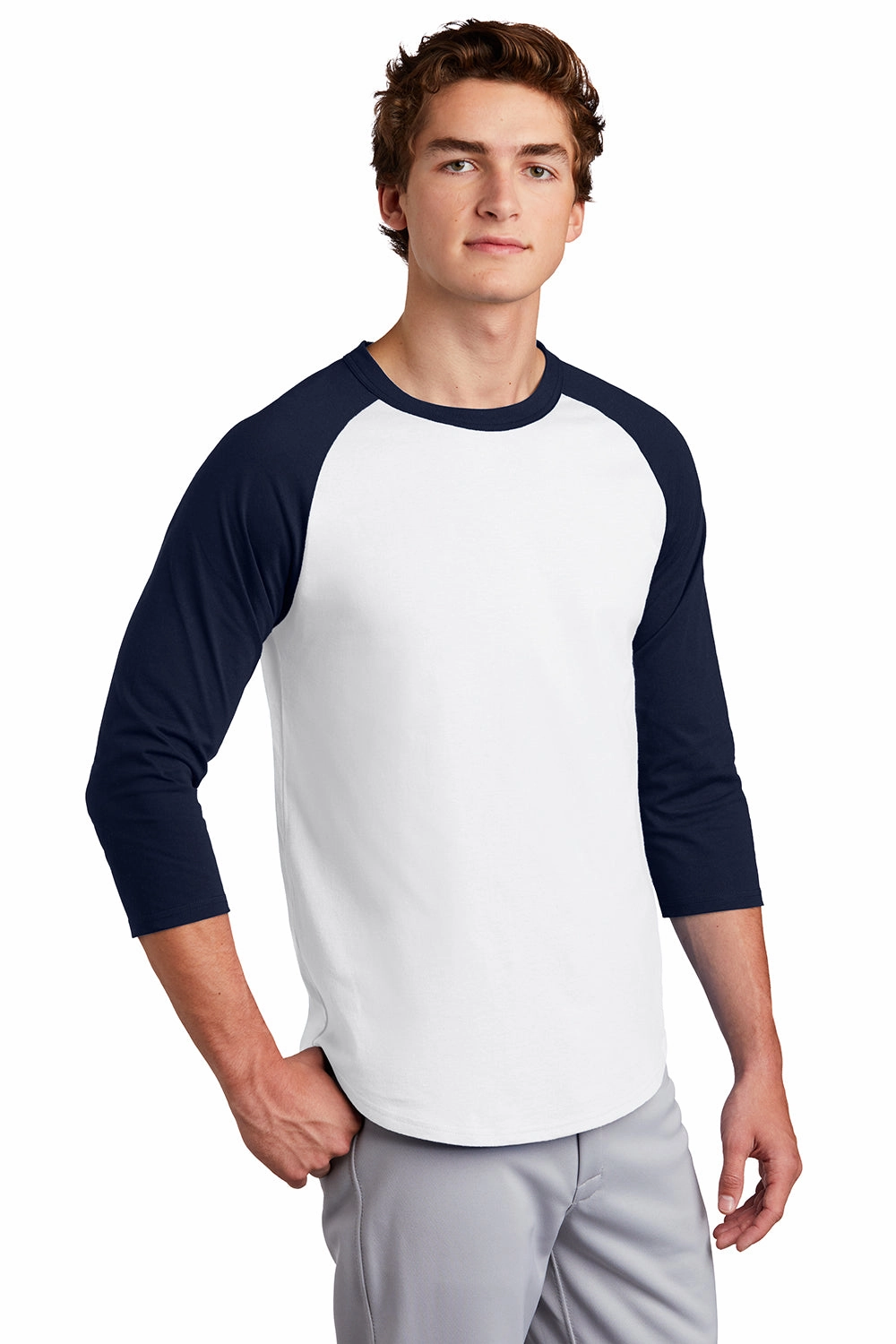 Sport-Tek Mens 3/4 Sleeve Crewneck T-Shirt - White/Navy Blue
