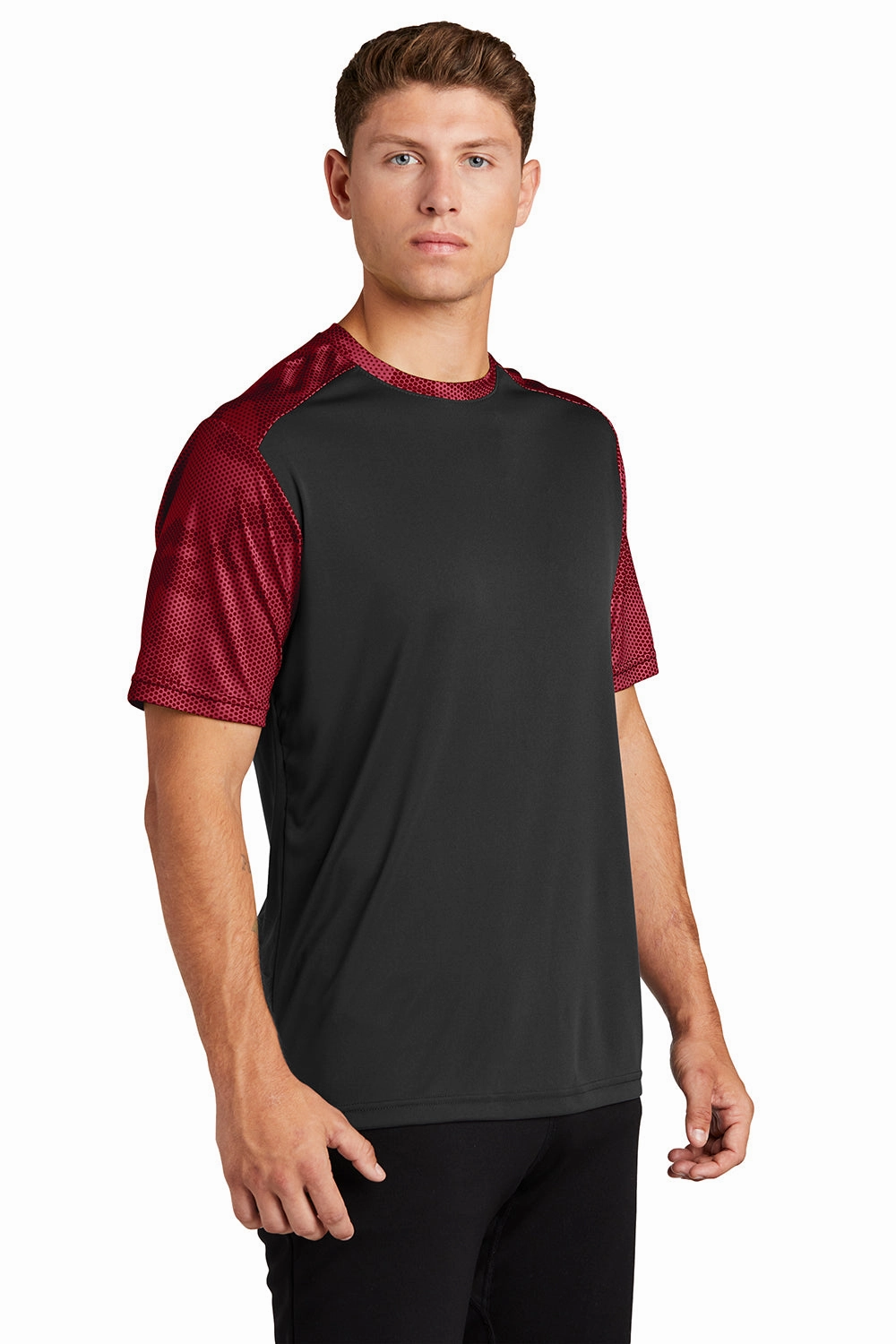 Sport-Tek Mens CamoHex Moisture Wicking Short Sleeve Crewneck T-Shirt - Black/Deep Red