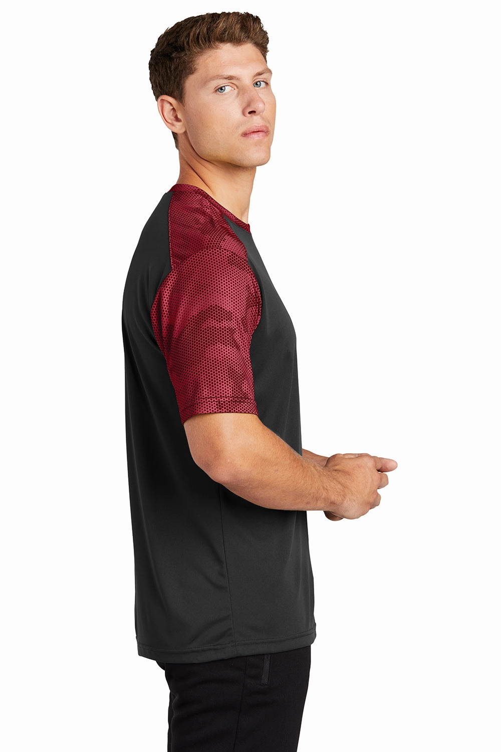 Sport-Tek Mens CamoHex Moisture Wicking Short Sleeve Crewneck T-Shirt - Black/Deep Red