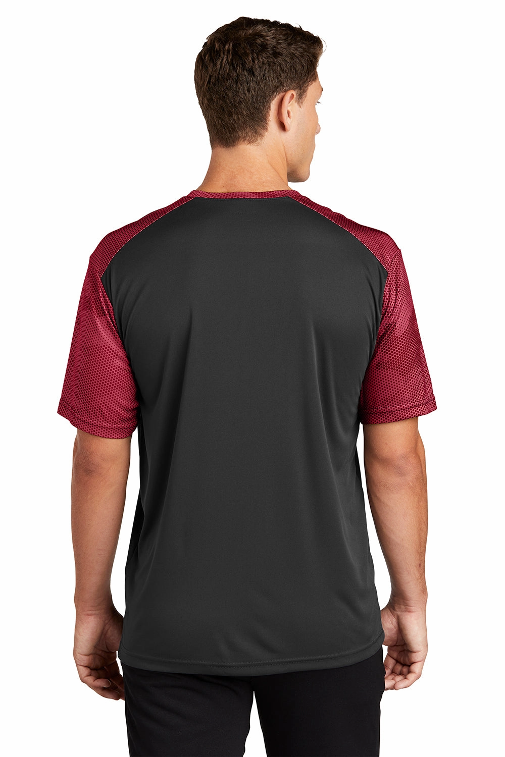 Sport-Tek Mens CamoHex Moisture Wicking Short Sleeve Crewneck T-Shirt - Black/Deep Red
