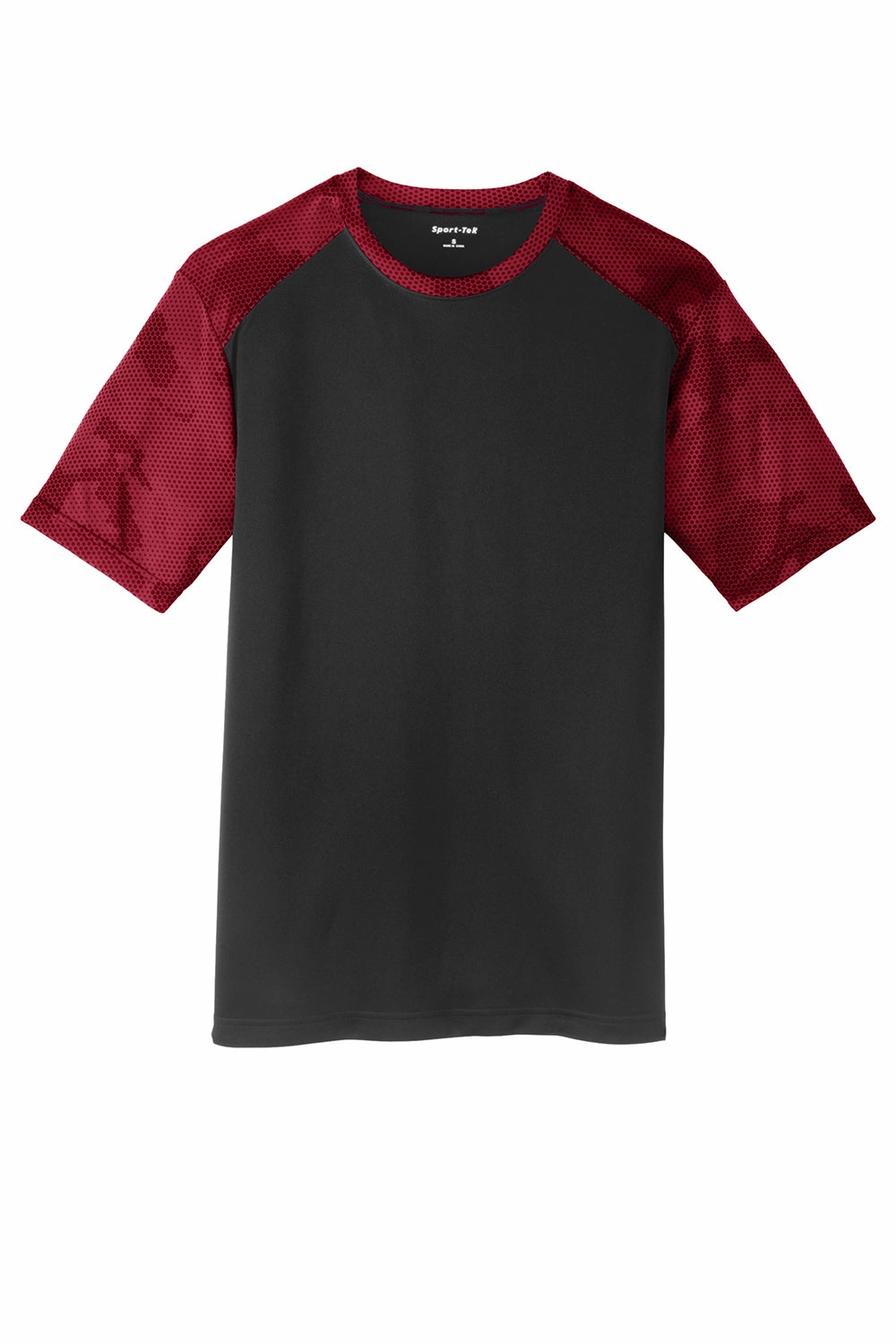 Sport-Tek Mens CamoHex Moisture Wicking Short Sleeve Crewneck T-Shirt - Black/Deep Red