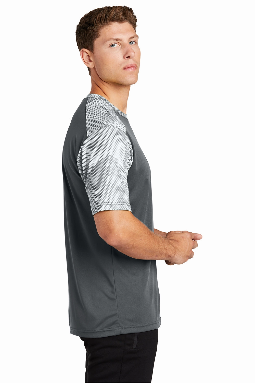 Sport-Tek Mens CamoHex Moisture Wicking Short Sleeve Crewneck T-Shirt - Iron Grey/White