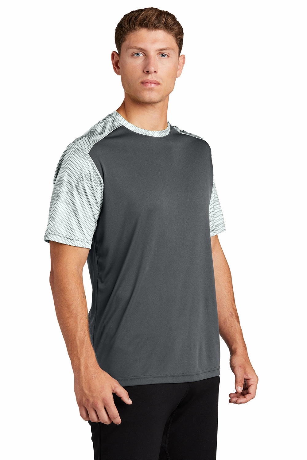 Sport-Tek Mens CamoHex Moisture Wicking Short Sleeve Crewneck T-Shirt - Iron Grey/White