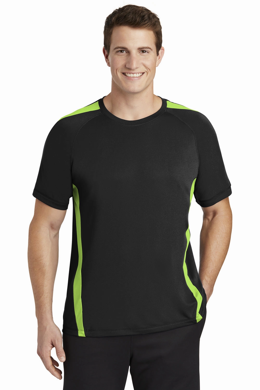 Sport-Tek Mens Competitor Moisture Wicking Short Sleeve Crewneck T-Shirt - Black/Lime Shock Green