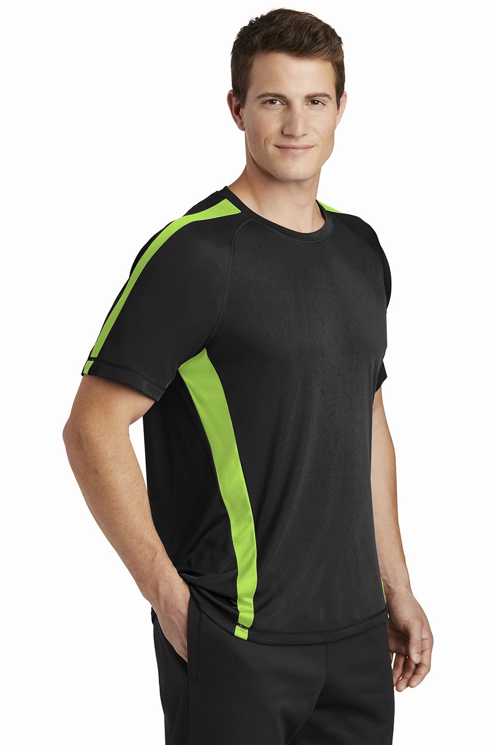 Sport-Tek Mens Competitor Moisture Wicking Short Sleeve Crewneck T-Shirt - Black/Lime Shock Green