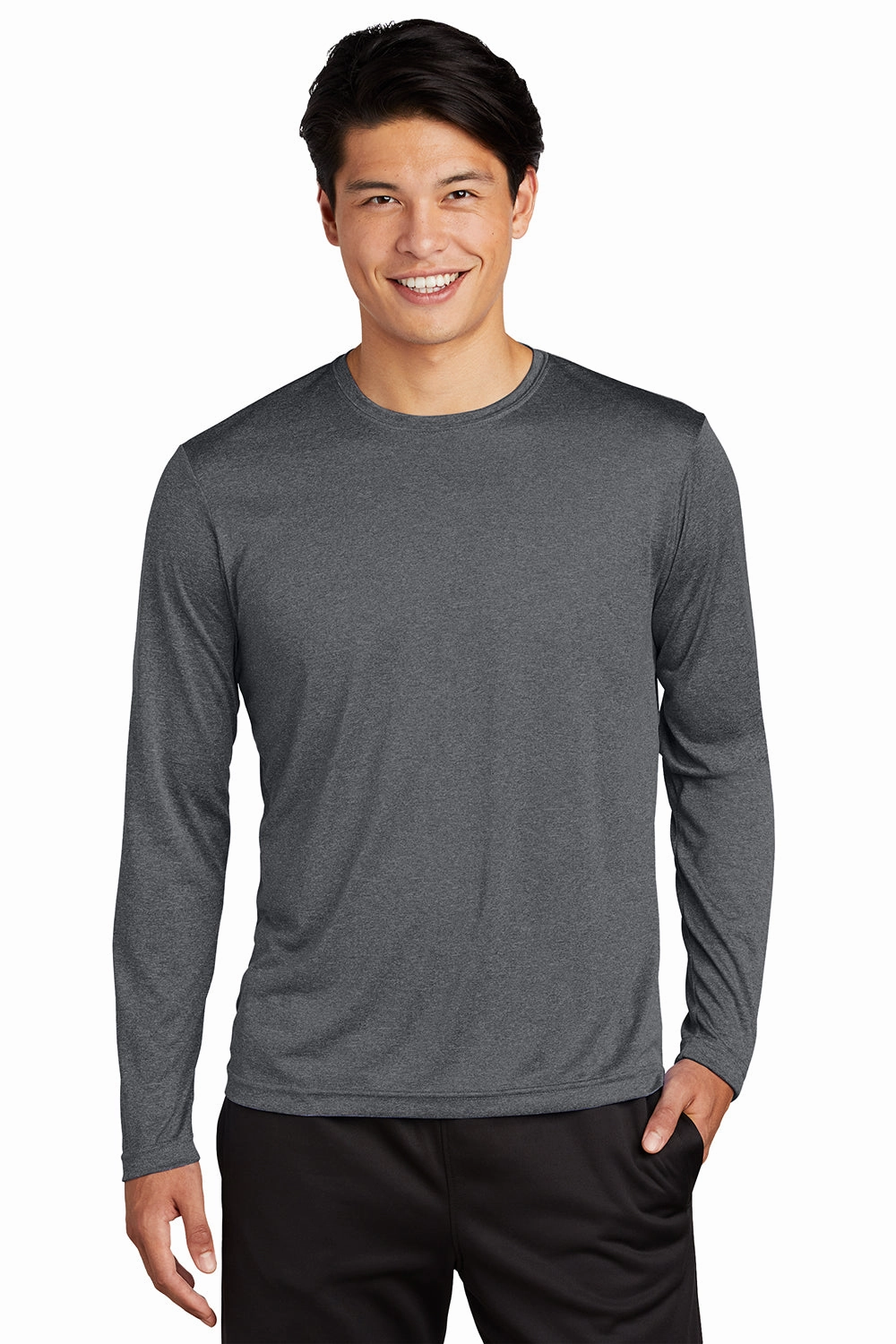 Sport-Tek Mens Contender Heather Moisture Wicking Long Sleeve Crewneck T-Shirt - Heather Graphite Grey