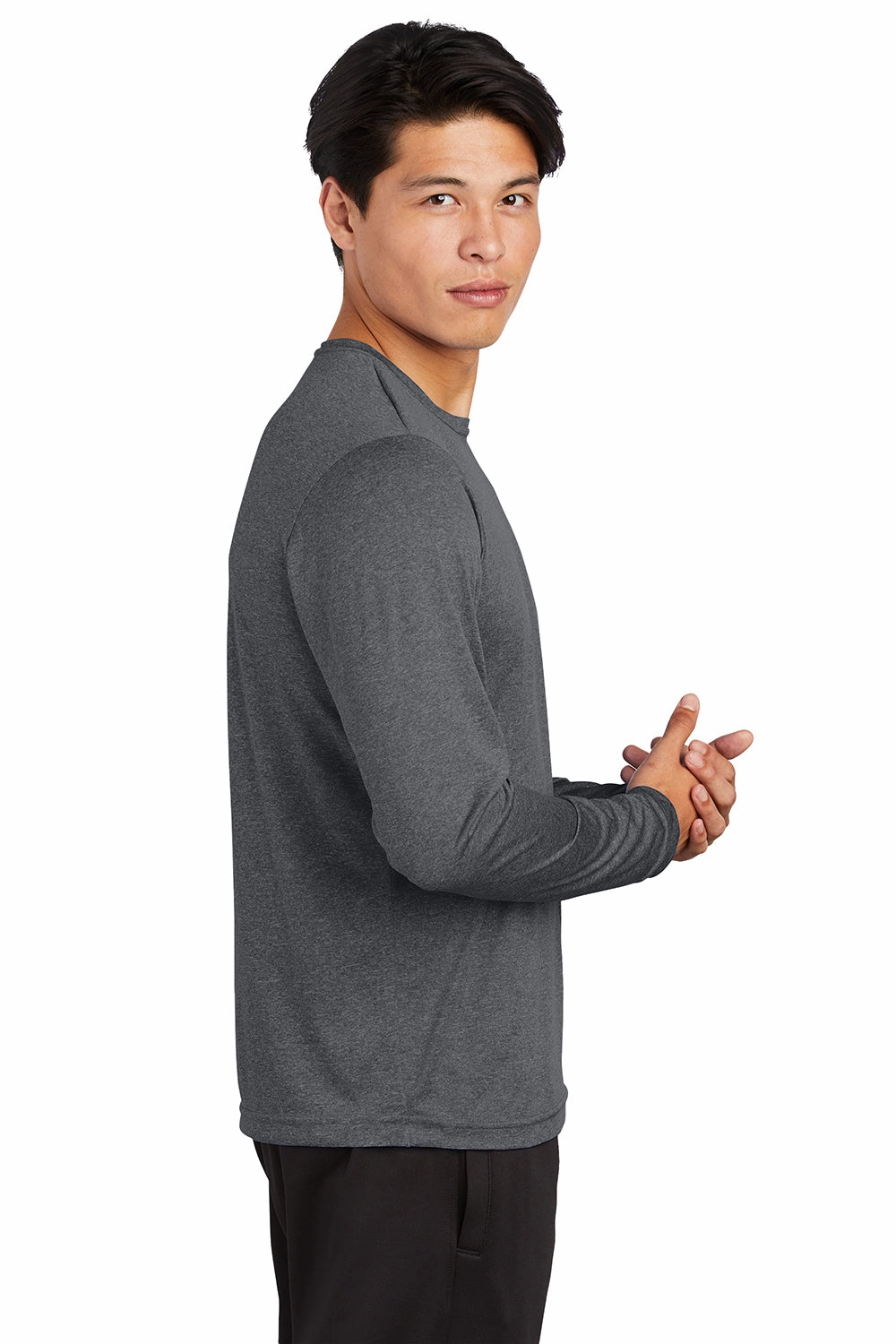 Sport-Tek Mens Contender Heather Moisture Wicking Long Sleeve Crewneck T-Shirt - Heather Graphite Grey