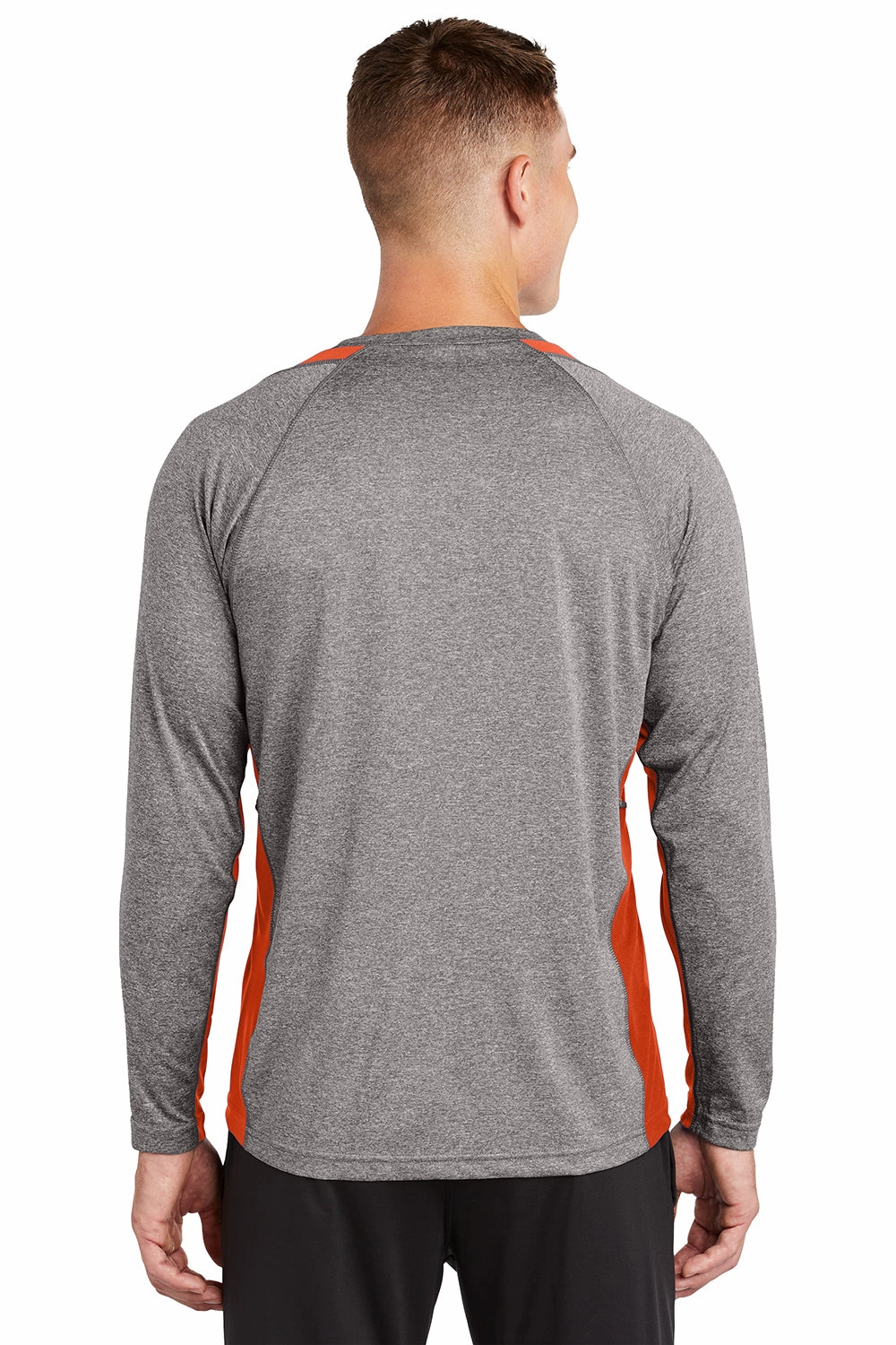 Sport-Tek Mens Contender Heather Moisture Wicking Long Sleeve Crewneck T-Shirt - Heather Vintage Grey/Deep Orange