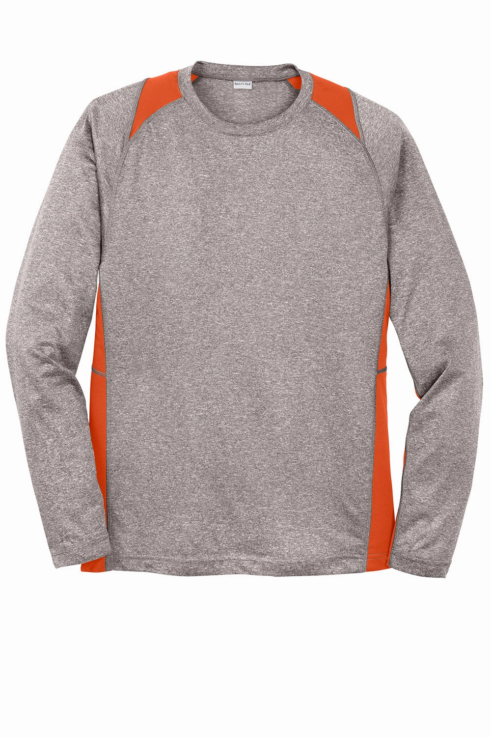Sport-Tek Mens Contender Heather Moisture Wicking Long Sleeve Crewneck T-Shirt - Heather Vintage Grey/Deep Orange