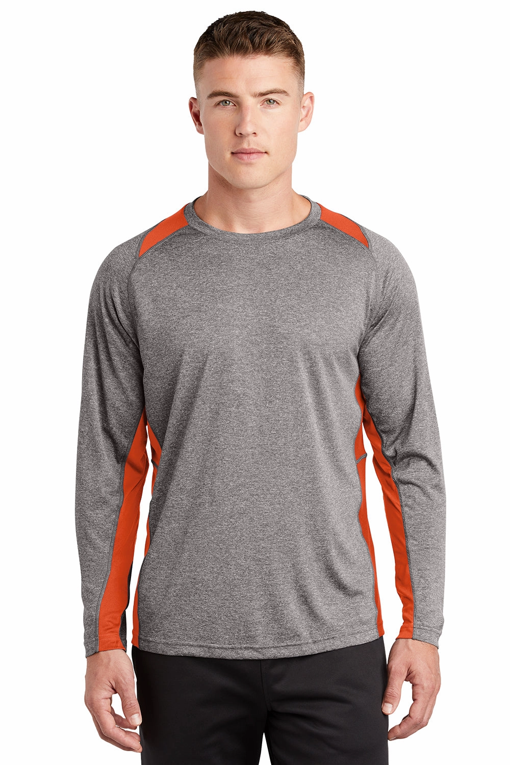 Sport-Tek Mens Contender Heather Moisture Wicking Long Sleeve Crewneck T-Shirt - Heather Vintage Grey/Deep Orange