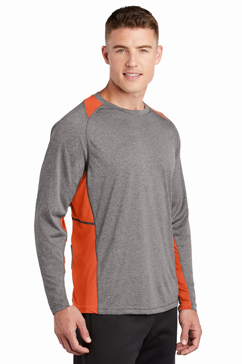 Sport-Tek Mens Contender Heather Moisture Wicking Long Sleeve Crewneck T-Shirt - Heather Vintage Grey/Deep Orange