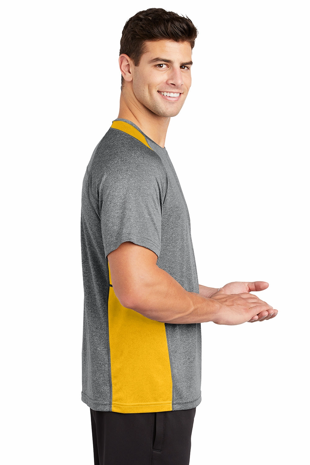 Sport-Tek Mens Contender Heather Moisture Wicking Short Sleeve Crewneck T-Shirt - Heather Vintage Grey/Gold