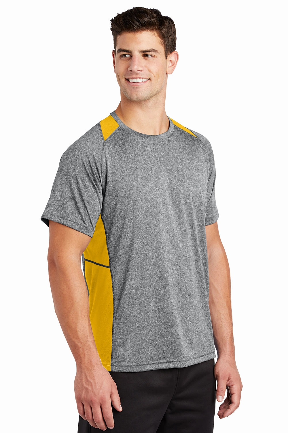 Sport-Tek Mens Contender Heather Moisture Wicking Short Sleeve Crewneck T-Shirt - Heather Vintage Grey/Gold