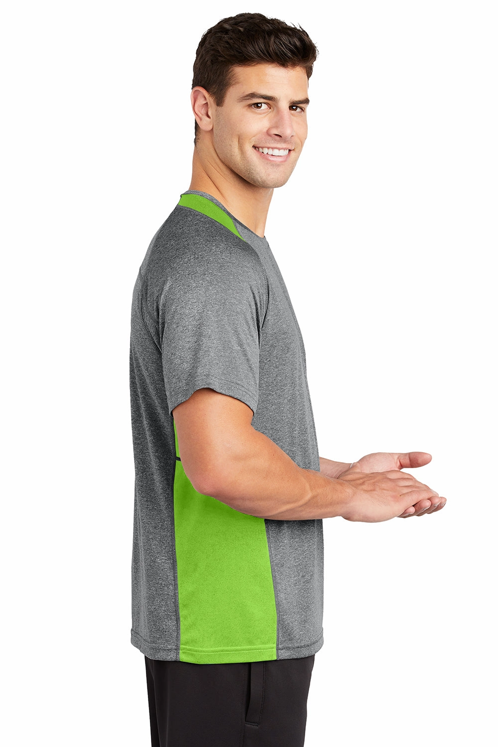 Sport-Tek Mens Contender Heather Moisture Wicking Short Sleeve Crewneck T-Shirt - Heather Vintage Grey/Lime Shock Green
