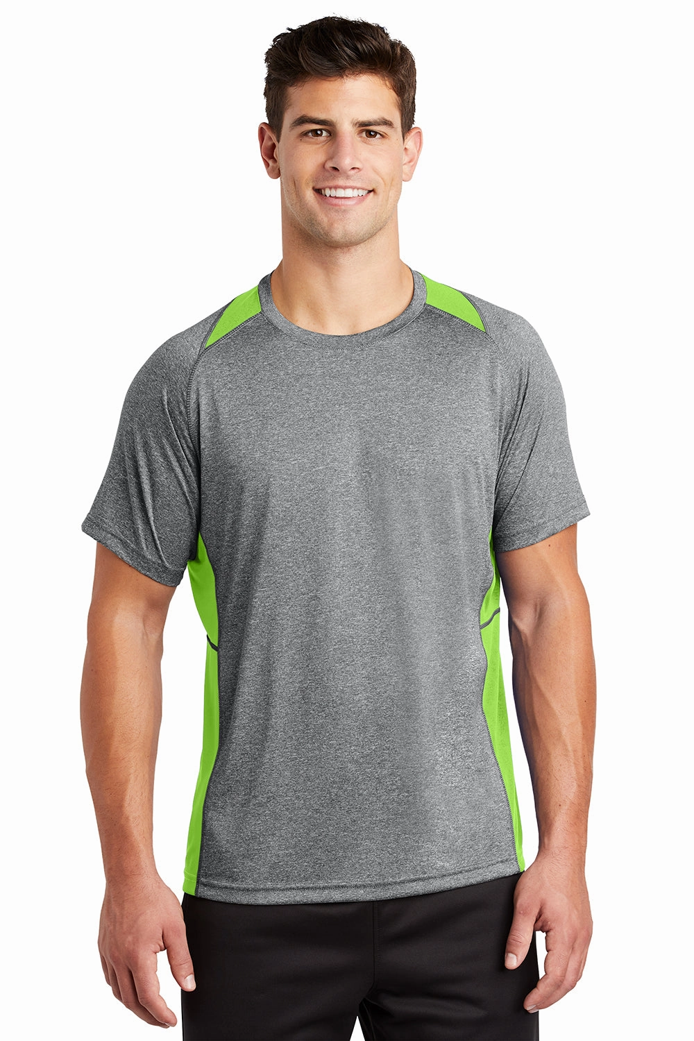 Sport-Tek Mens Contender Heather Moisture Wicking Short Sleeve Crewneck T-Shirt - Heather Vintage Grey/Lime Shock Green