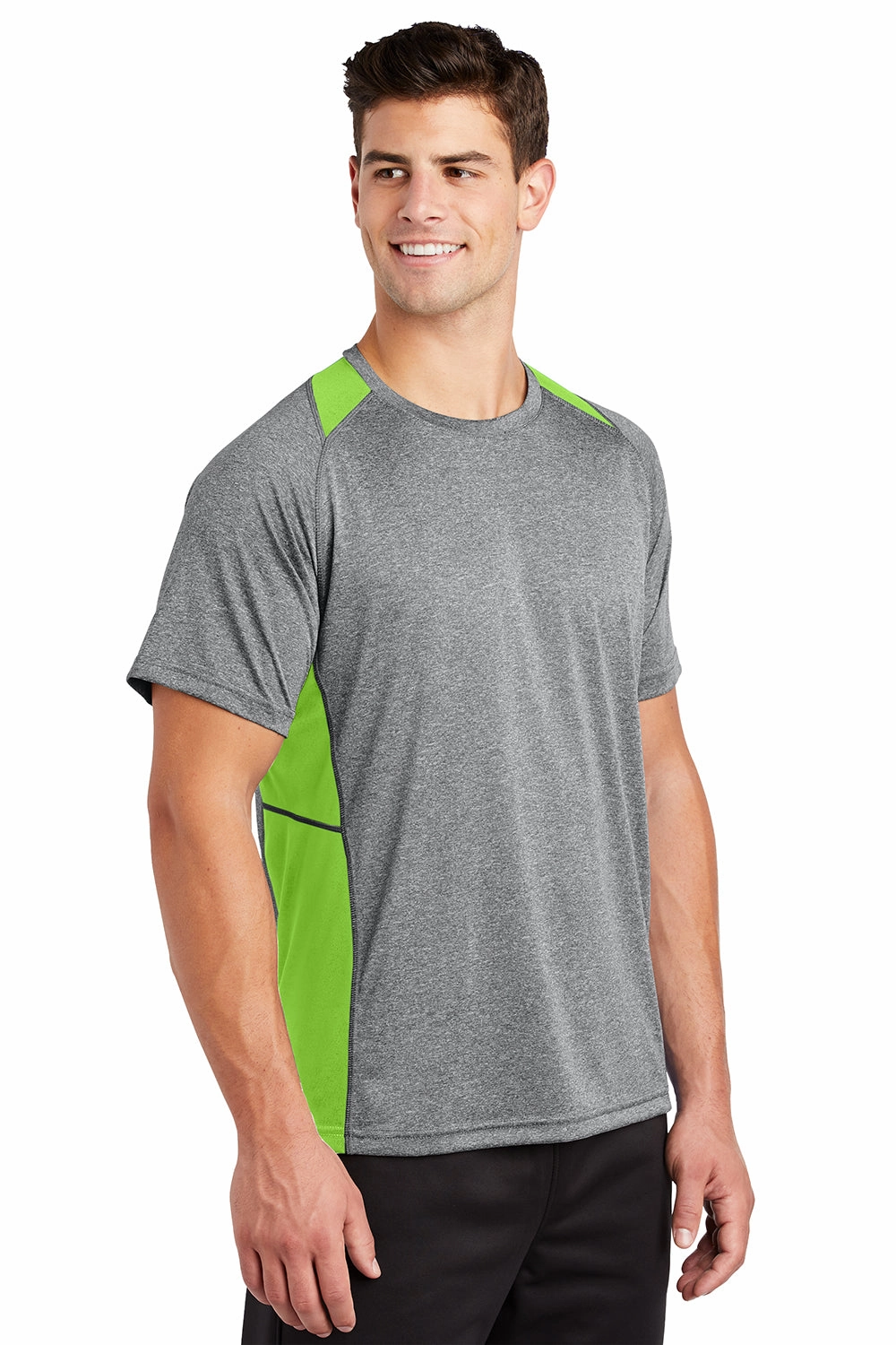 Sport-Tek Mens Contender Heather Moisture Wicking Short Sleeve Crewneck T-Shirt - Heather Vintage Grey/Lime Shock Green