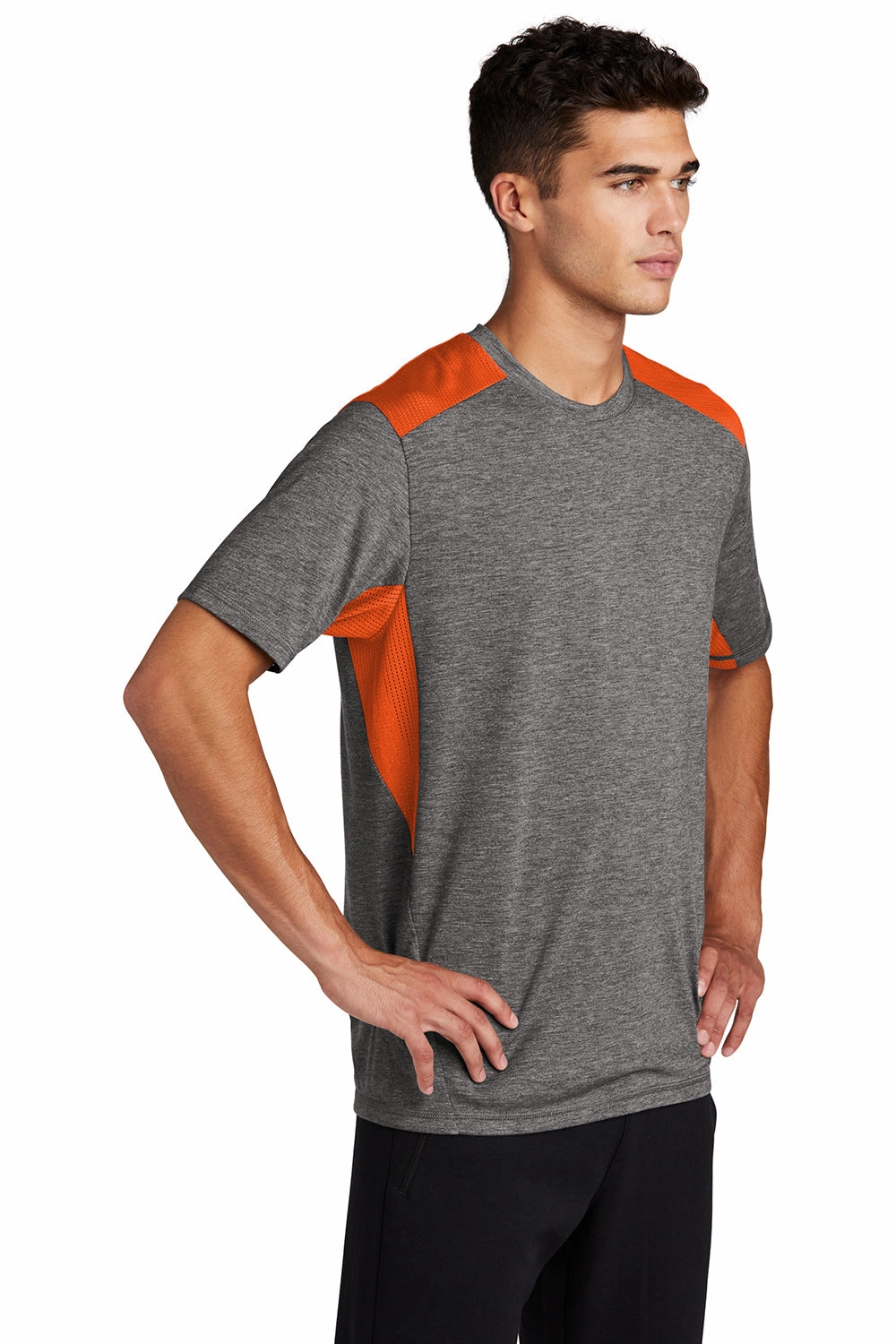 Sport-Tek Mens Draft Moisture Wicking Short Sleeve Crewneck T-Shirt - Heather Dark Grey/Deep Orange
