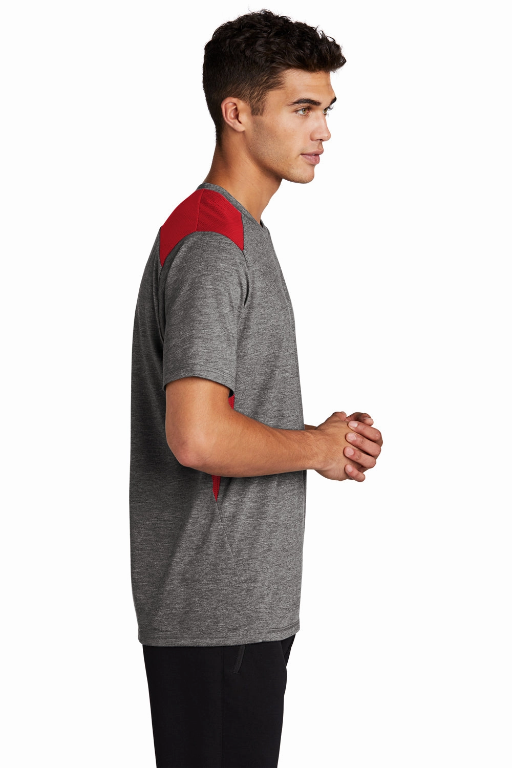 Sport-Tek Mens Draft Moisture Wicking Short Sleeve Crewneck T-Shirt - Heather Dark Grey/True Red