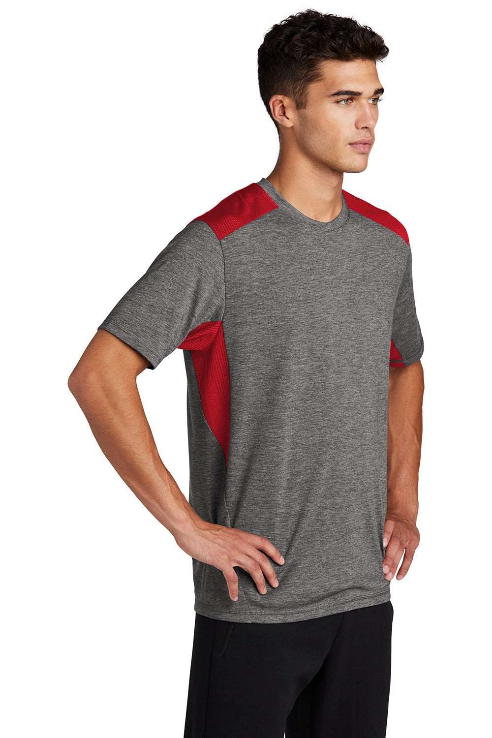 Sport-Tek Mens Draft Moisture Wicking Short Sleeve Crewneck T-Shirt - Heather Dark Grey/True Red