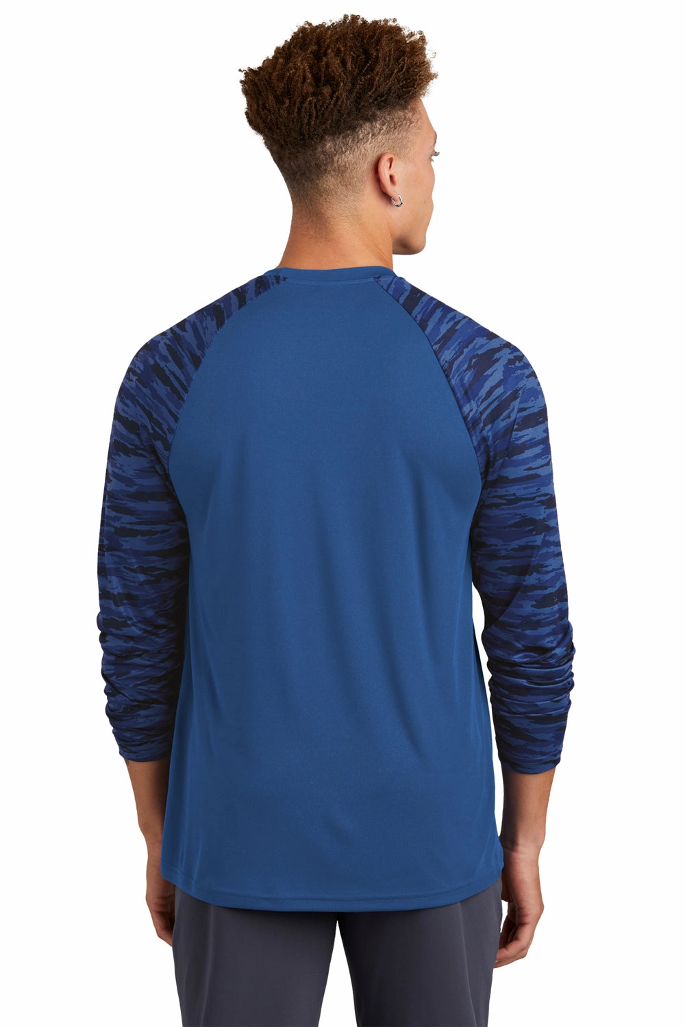 Sport-Tek Mens Drift Camo Colorblock Moisture Wicking Long Sleeve Crewneck T-Shirt - Royal Blue - Closeout