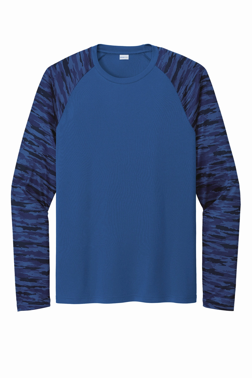 Sport-Tek Mens Drift Camo Colorblock Moisture Wicking Long Sleeve Crewneck T-Shirt - Royal Blue - Closeout