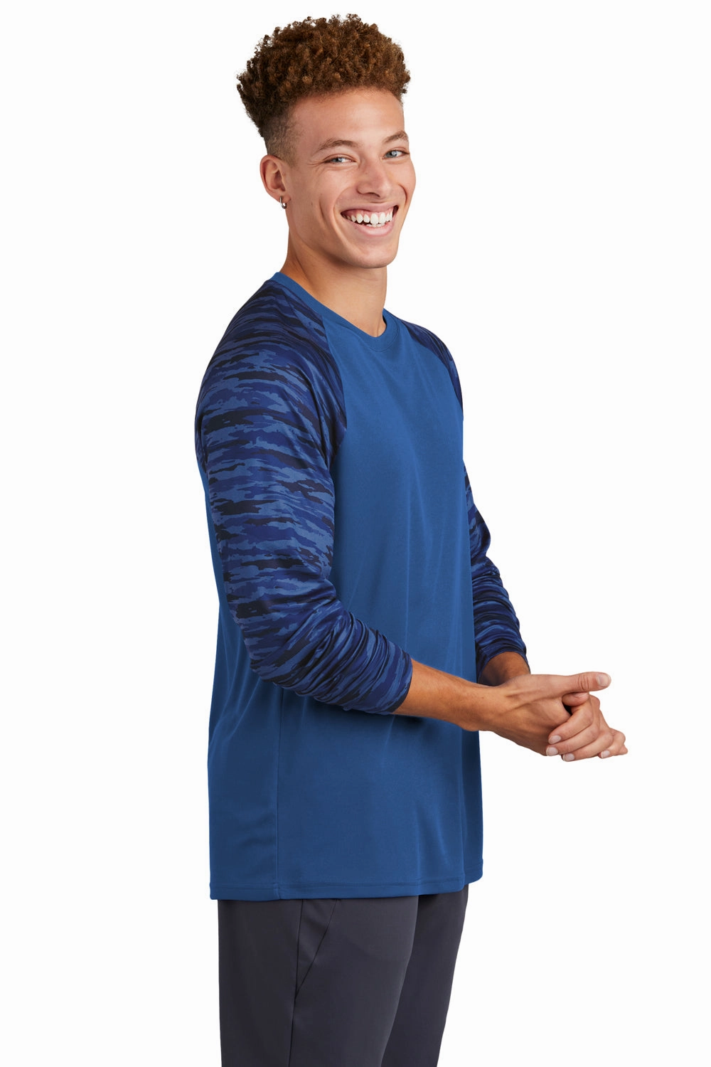 Sport-Tek Mens Drift Camo Colorblock Moisture Wicking Long Sleeve Crewneck T-Shirt - Royal Blue - Closeout