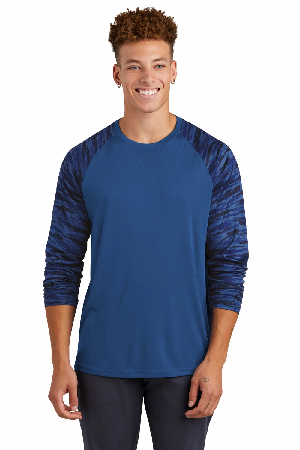 Sport-Tek Mens Drift Camo Colorblock Moisture Wicking Long Sleeve Crewneck T-Shirt - Royal Blue - Closeout