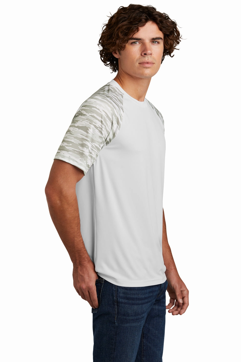 Sport-Tek Mens Drift Camo Colorblock Moisture Wicking Short Sleeve Crewneck T-Shirt - White