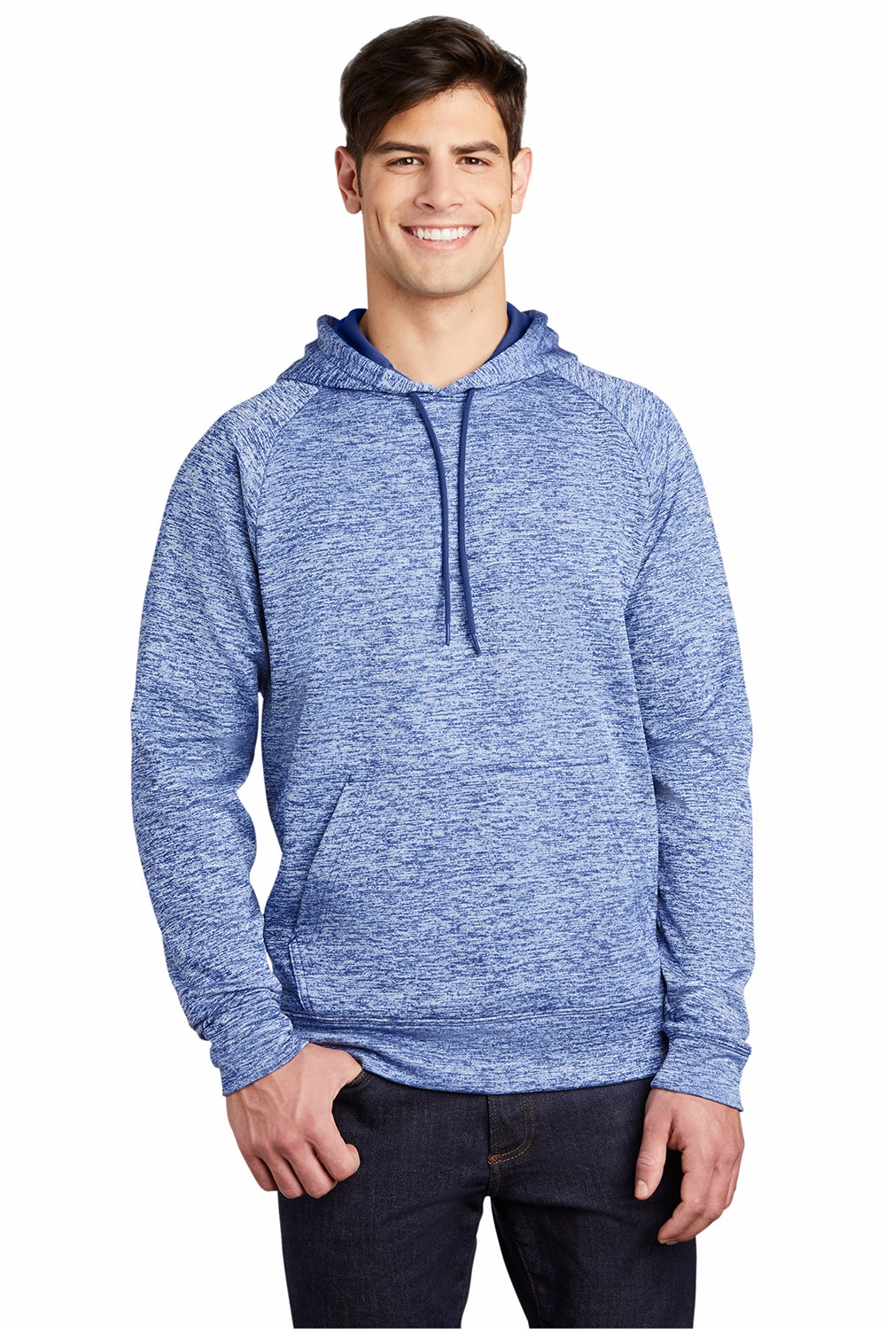 Sport-Tek Mens Electric Heather Moisture Wicking Fleece Hooded Sweatshirt Hoodie w/ Pouch Pocket - True Royal Blue Electric