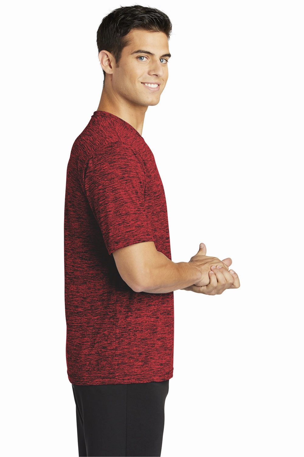 Sport-Tek Mens Electric Heather Moisture Wicking Short Sleeve Crewneck T-Shirt - Deep Red/Black Electric
