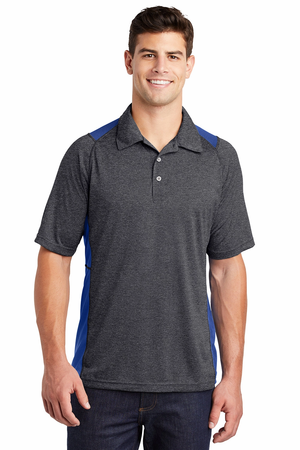 Sport-Tek Mens Heather Contender Moisture Wicking Short Sleeve Polo Shirt - Heather Graphite Grey/True Royal Blue - Closeout