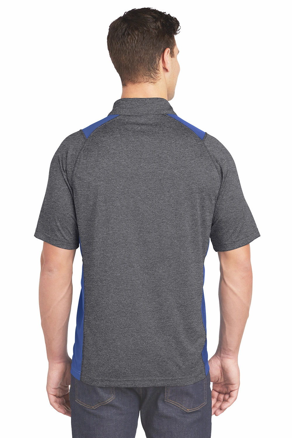 Sport-Tek Mens Heather Contender Moisture Wicking Short Sleeve Polo Shirt - Heather Graphite Grey/True Royal Blue - Closeout