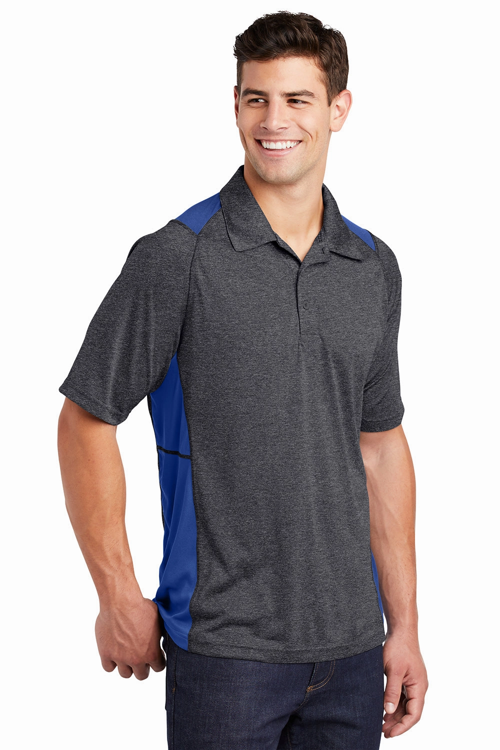 Sport-Tek Mens Heather Contender Moisture Wicking Short Sleeve Polo Shirt - Heather Graphite Grey/True Royal Blue - Closeout