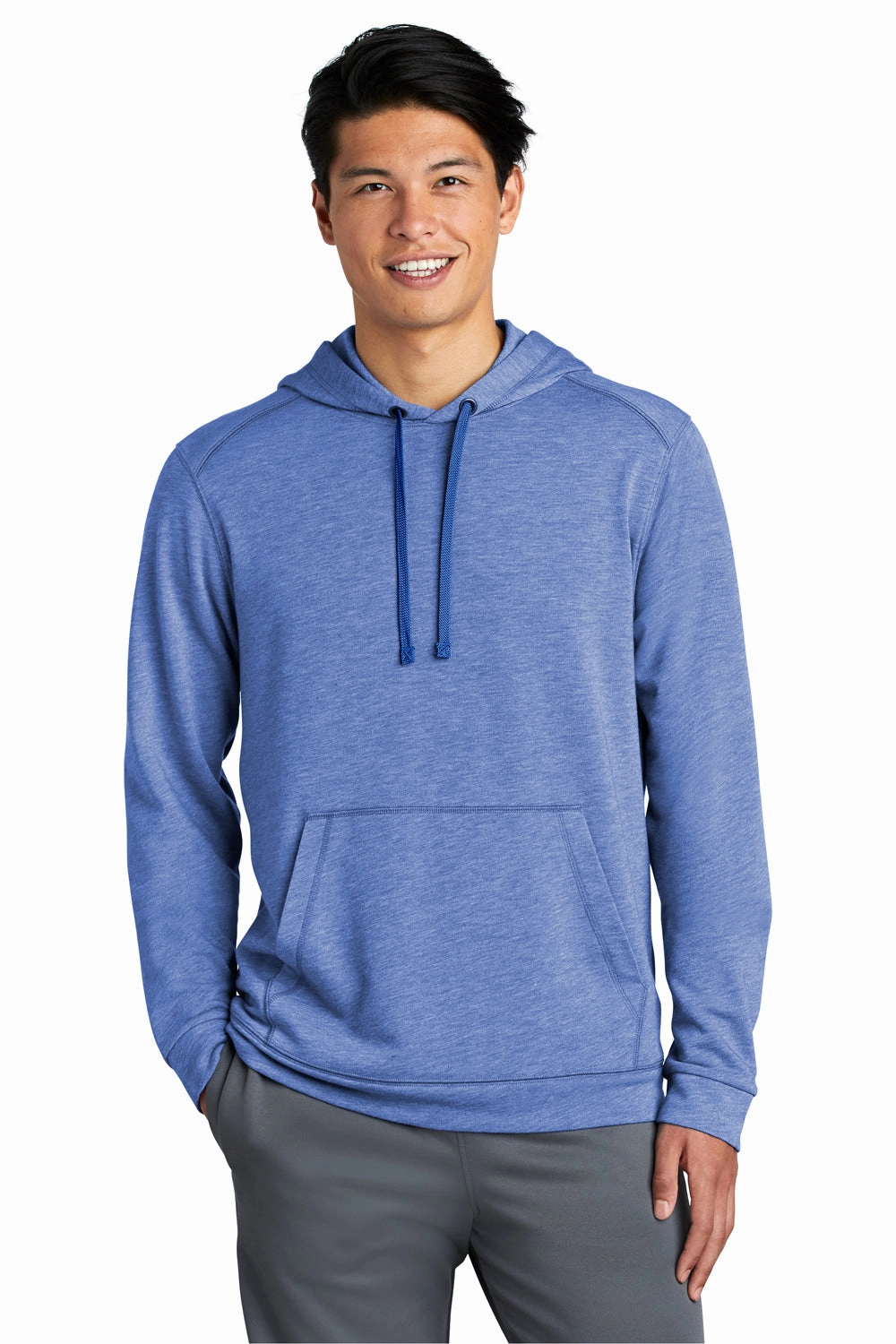 Sport-Tek Mens Moisture Wicking Fleece Hooded Sweatshirt Hoodie w/ Pouch Pocket - Heather True Royal Blue - Closeout