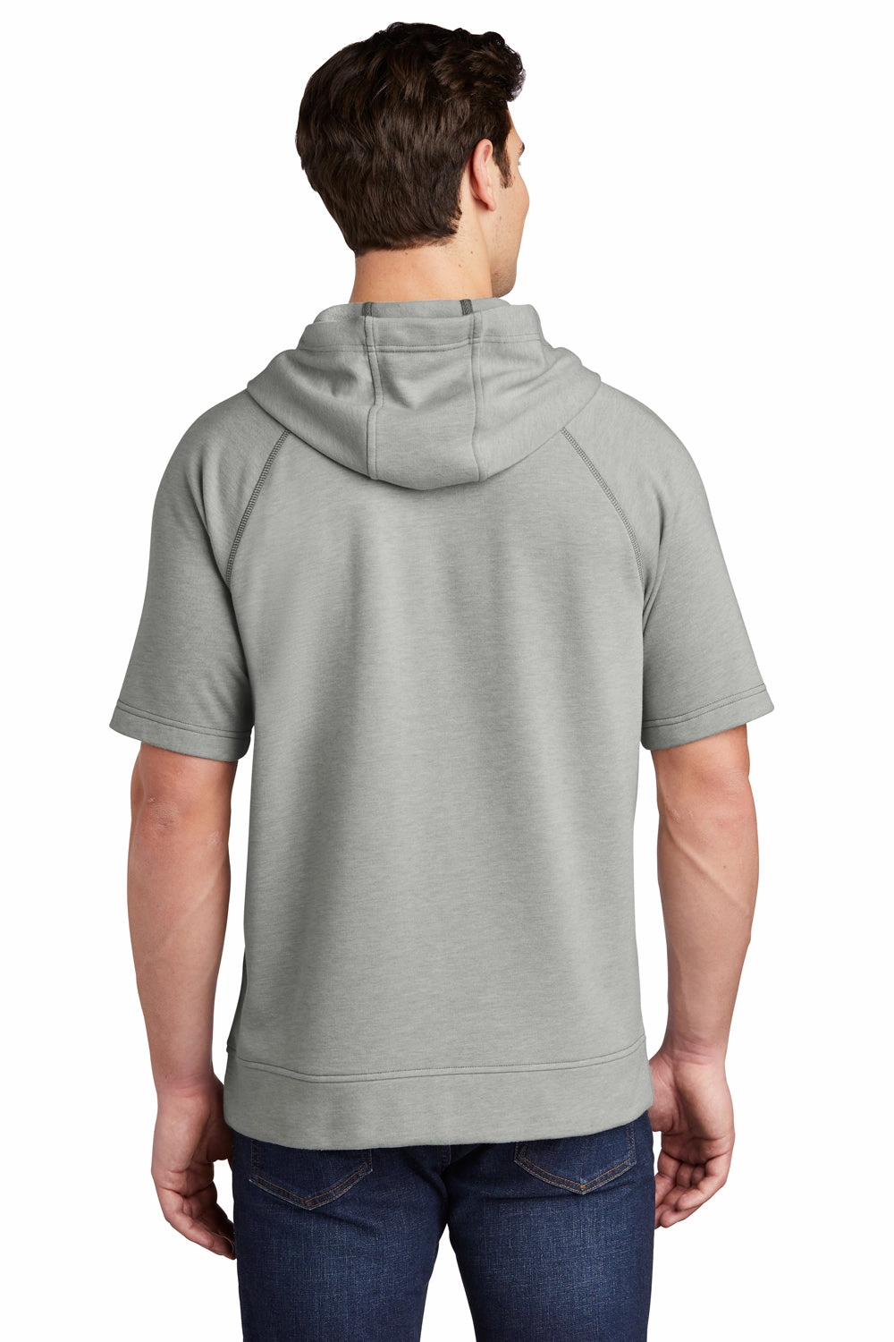 Sport-Tek Mens Moisture Wicking Fleece Short Sleeve Hooded Sweatshirt Hoodie w/ Pouch Pocket - Heather Light Grey - Closeout