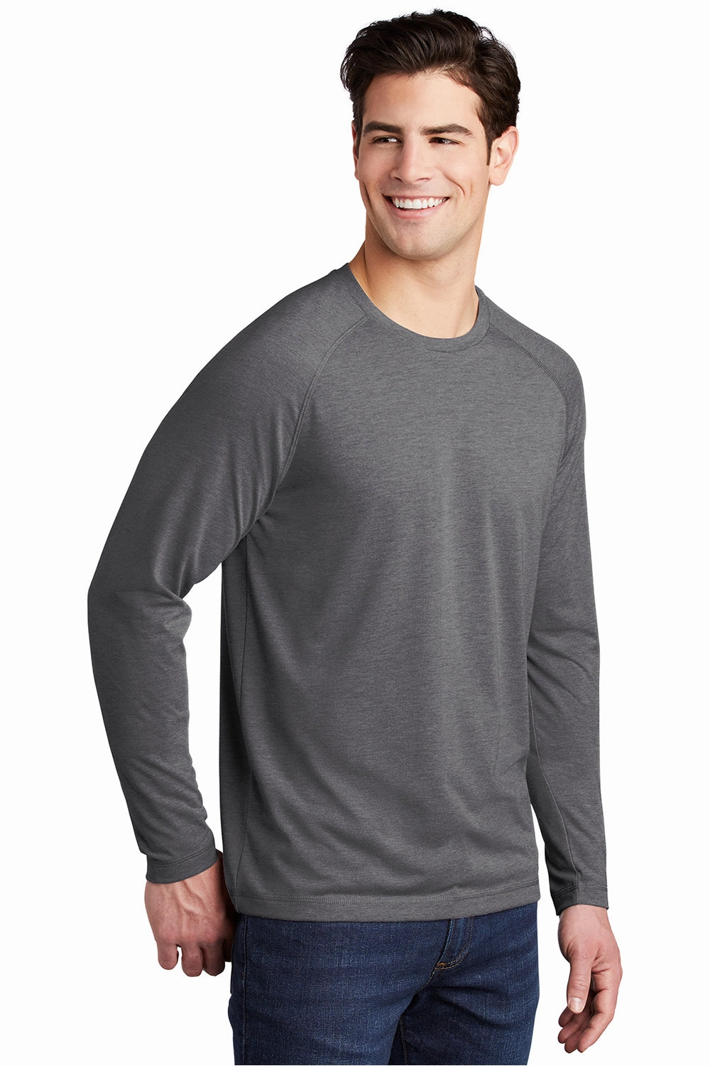 Sport-Tek Mens Moisture Wicking Long Sleeve Crewneck T-Shirt - Heather Dark Grey