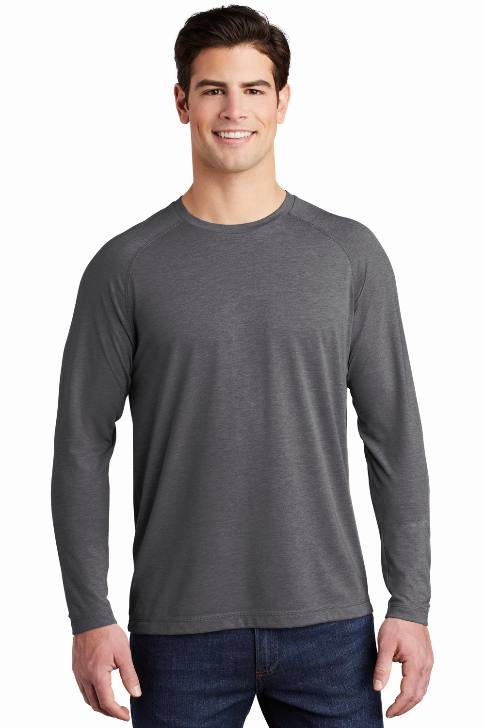 Sport-Tek Mens Moisture Wicking Long Sleeve Crewneck T-Shirt - Heather Dark Grey