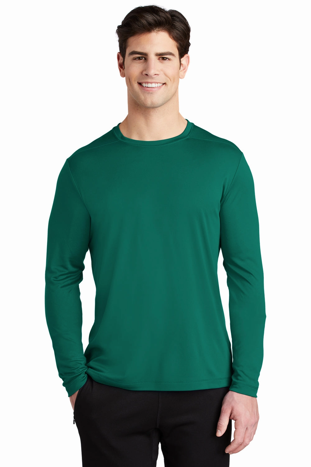 Sport-Tek Mens Moisture Wicking Long Sleeve Crewneck T-Shirt - Marine Green - Closeout