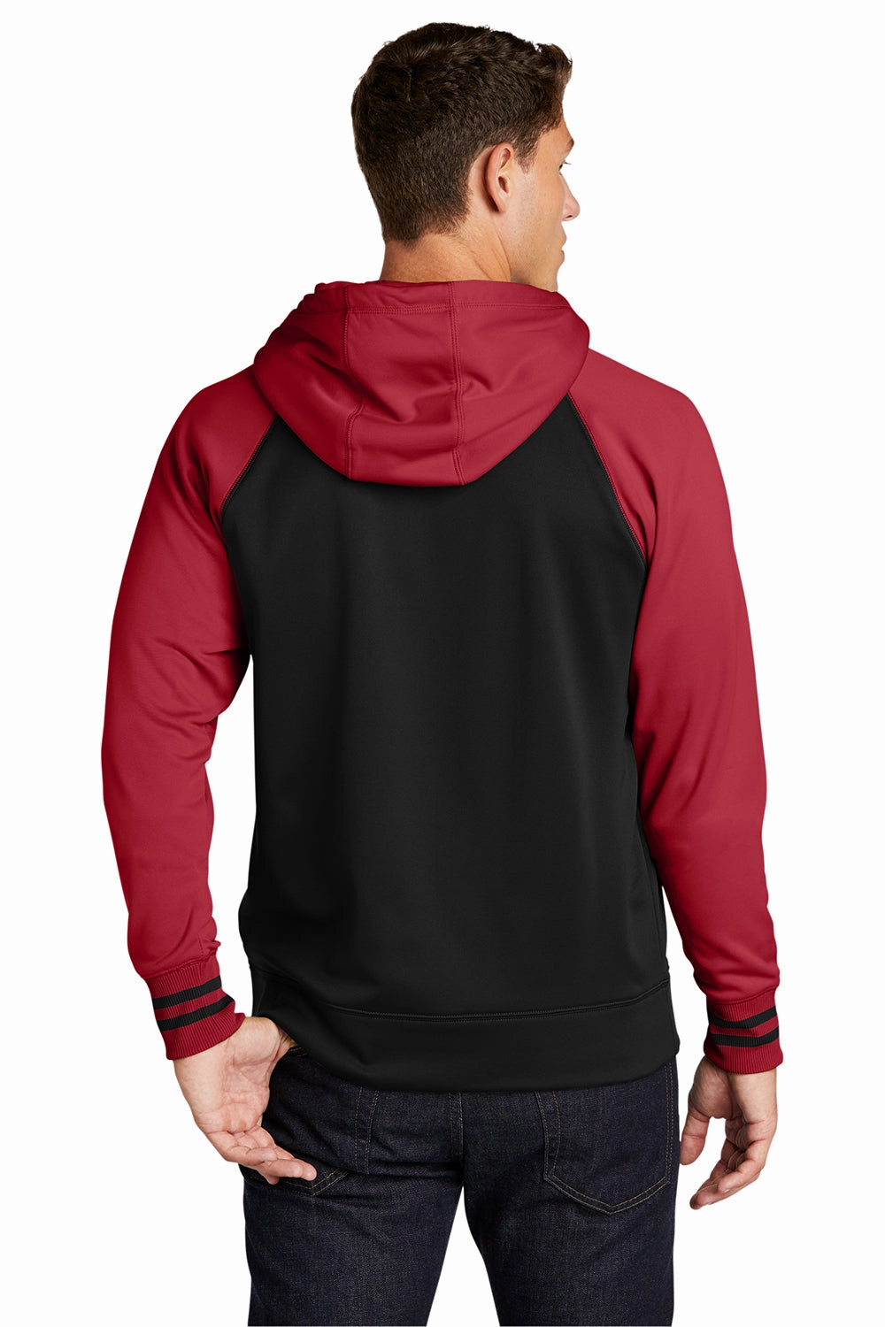 Sport-Tek Mens Sport-Wick Moisture Wicking Fleece Hooded Sweatshirt Hoodie w/ Pouch Pocket - Black/Deep Red
