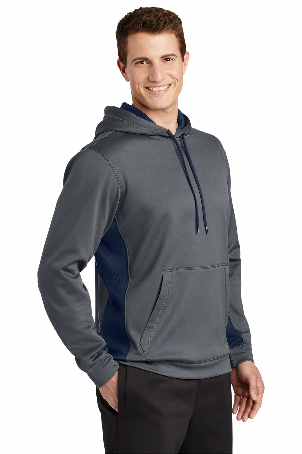Sport-Tek Mens Sport-Wick Moisture Wicking Fleece Hooded Sweatshirt Hoodie w/ Pouch Pocket - Dark Smoke Grey/Navy Blue