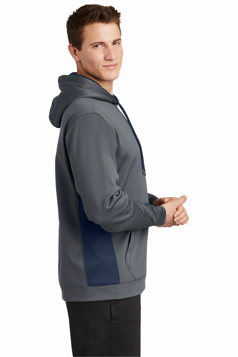 Sport-Tek Mens Sport-Wick Moisture Wicking Fleece Hooded Sweatshirt Hoodie w/ Pouch Pocket - Dark Smoke Grey/Navy Blue