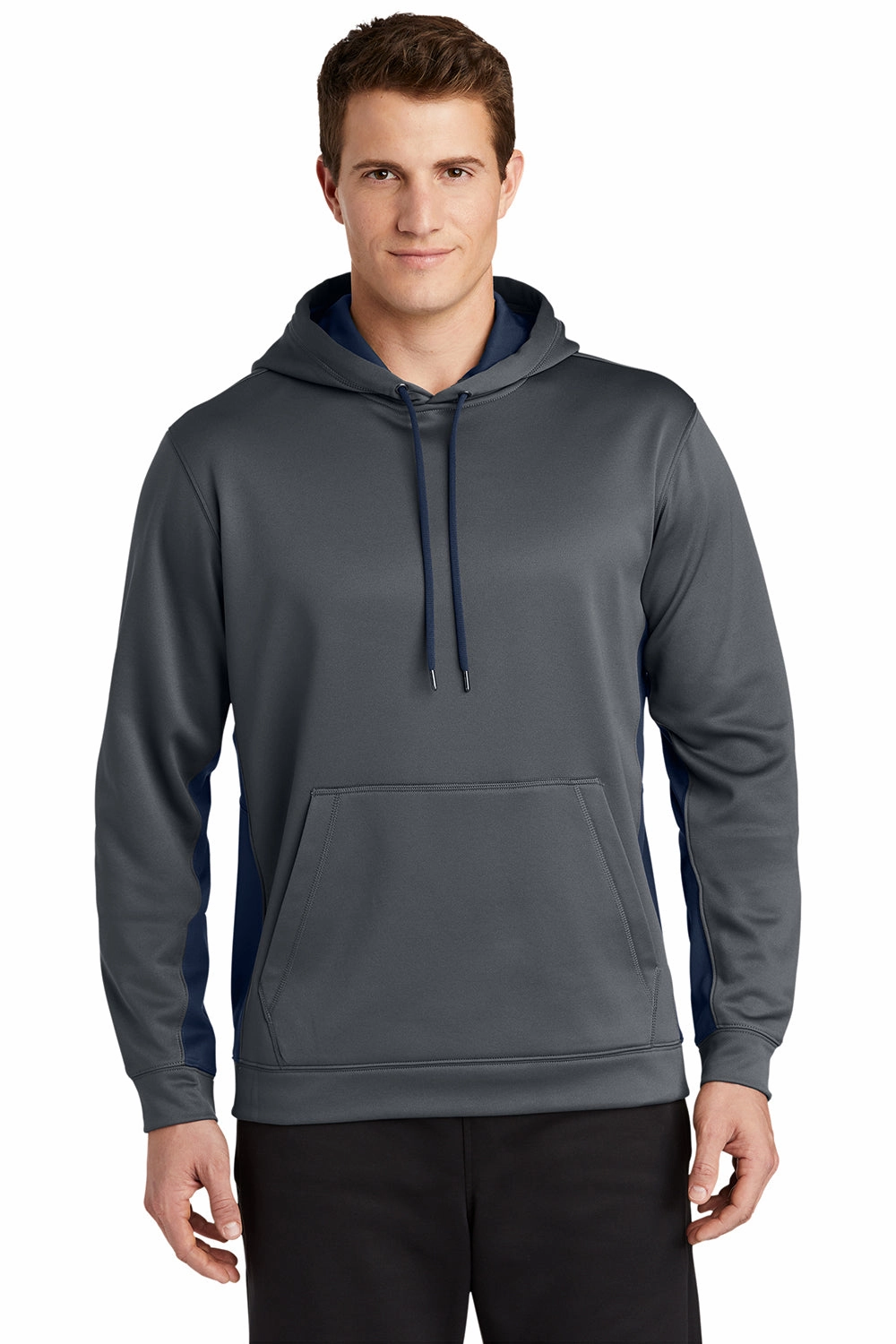 Sport-Tek Mens Sport-Wick Moisture Wicking Fleece Hooded Sweatshirt Hoodie w/ Pouch Pocket - Dark Smoke Grey/Navy Blue