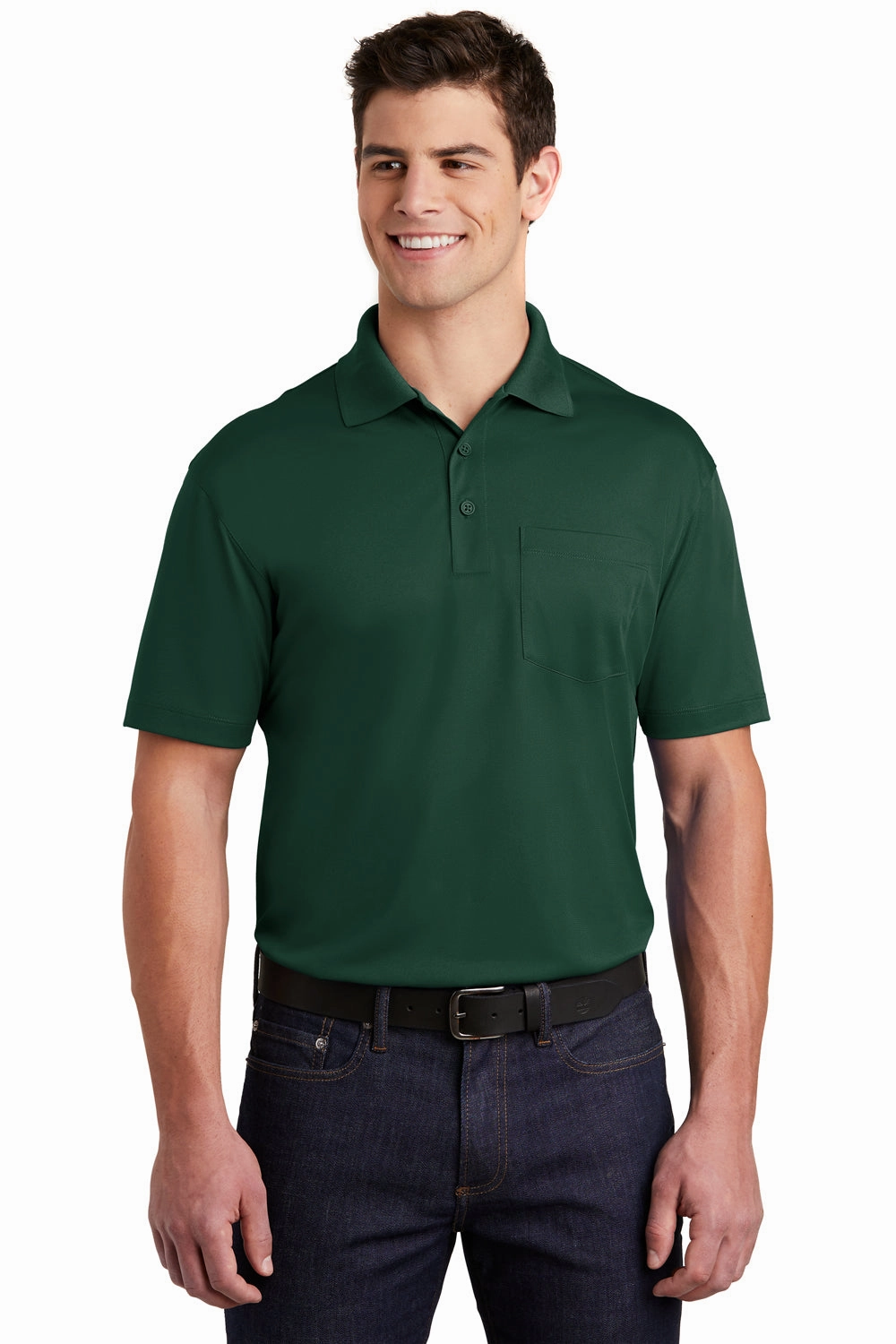 Sport-Tek Mens Sport-Wick Moisture Wicking Short Sleeve Polo Shirt w/ Pocket - Forest Green