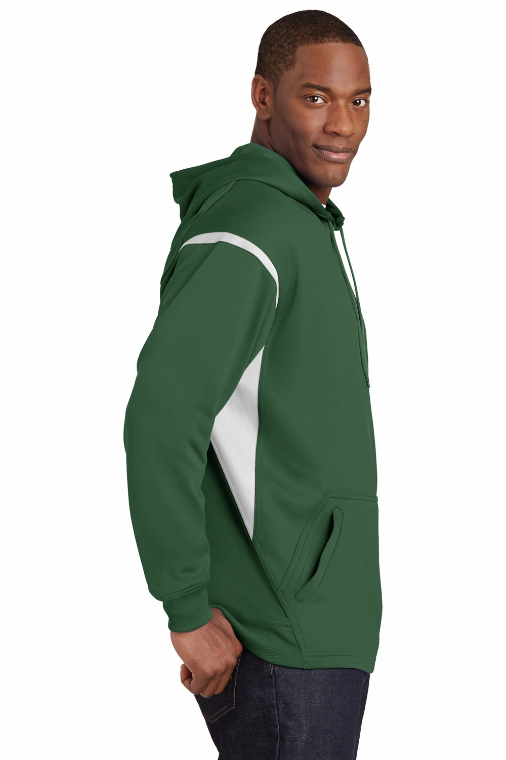 Sport-Tek Mens Tech Moisture Wicking Fleece Hooded Sweatshirt Hoodie w/ Pouch Pocket - Forest Green/White - Closeout
