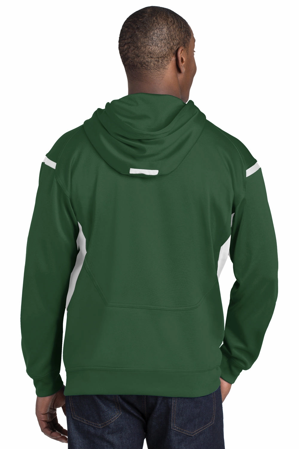 Sport-Tek Mens Tech Moisture Wicking Fleece Hooded Sweatshirt Hoodie w/ Pouch Pocket - Forest Green/White - Closeout