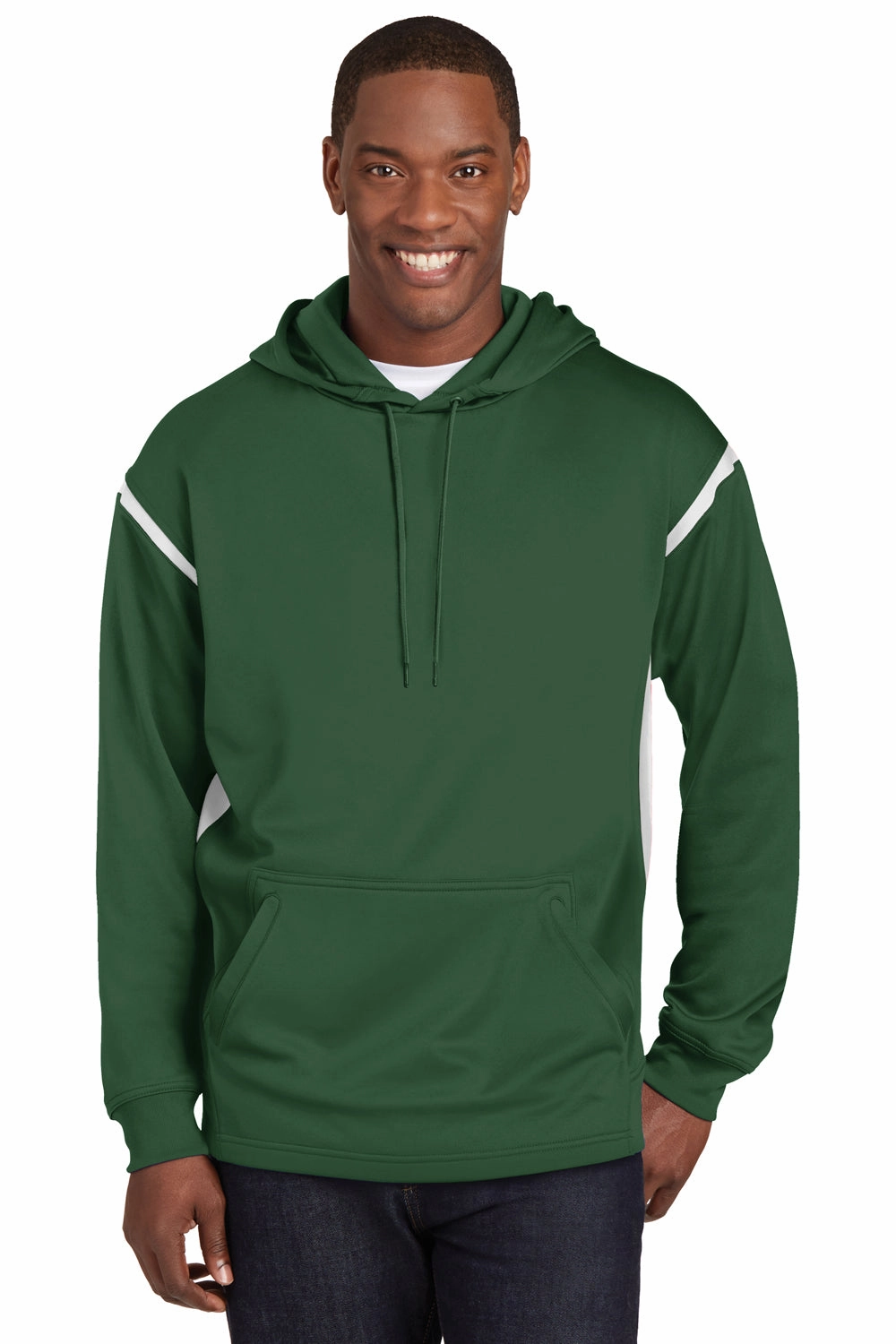 Sport-Tek Mens Tech Moisture Wicking Fleece Hooded Sweatshirt Hoodie w/ Pouch Pocket - Forest Green/White - Closeout