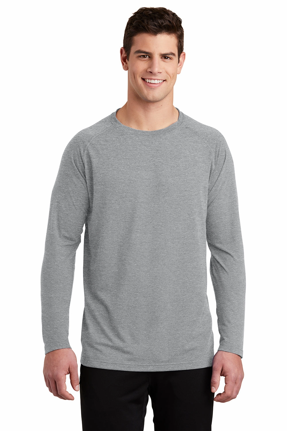 Sport-Tek Mens Ultimate Performance Moisture Wicking Long Sleeve Crewneck T-Shirt - Heather Grey
