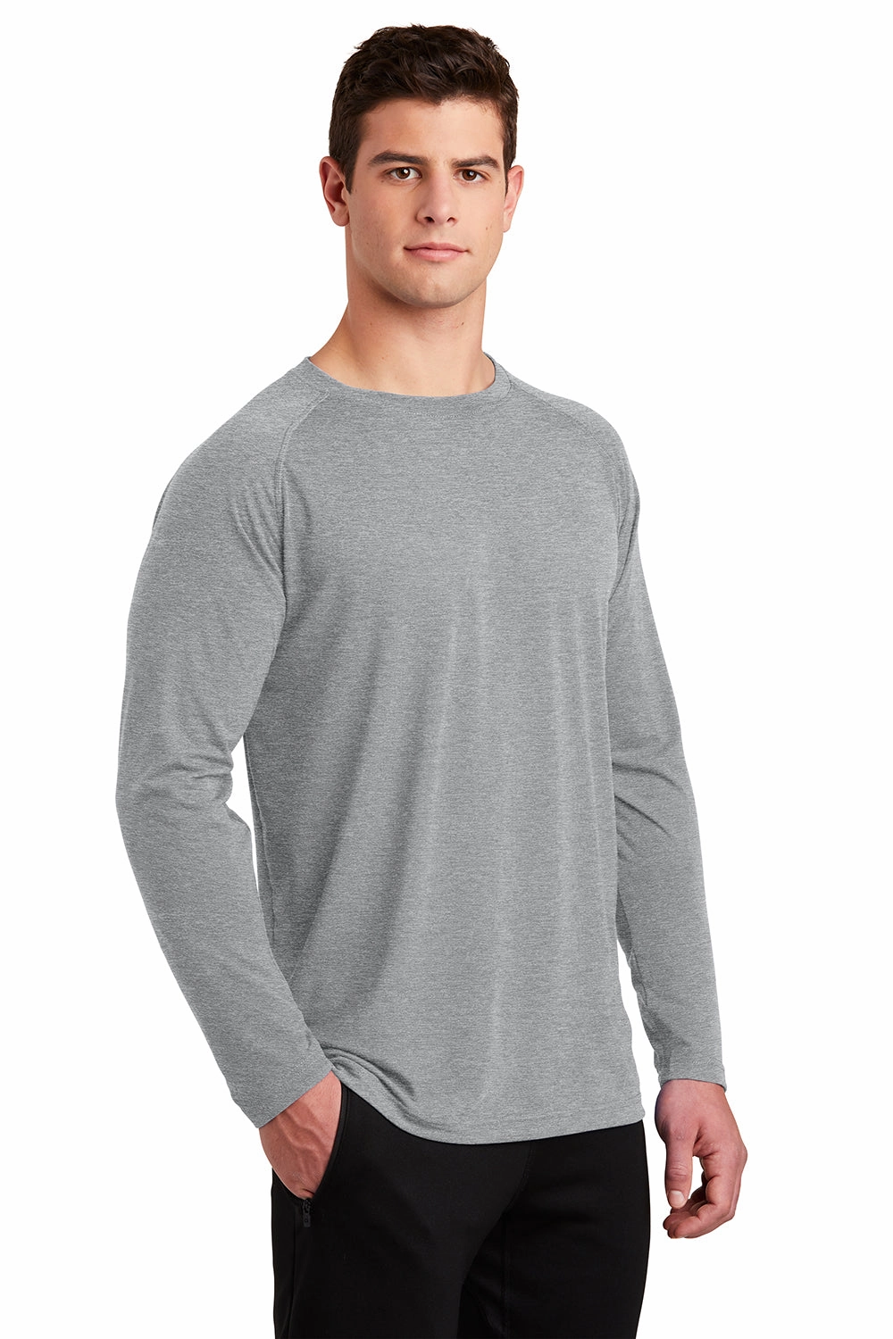 Sport-Tek Mens Ultimate Performance Moisture Wicking Long Sleeve Crewneck T-Shirt - Heather Grey